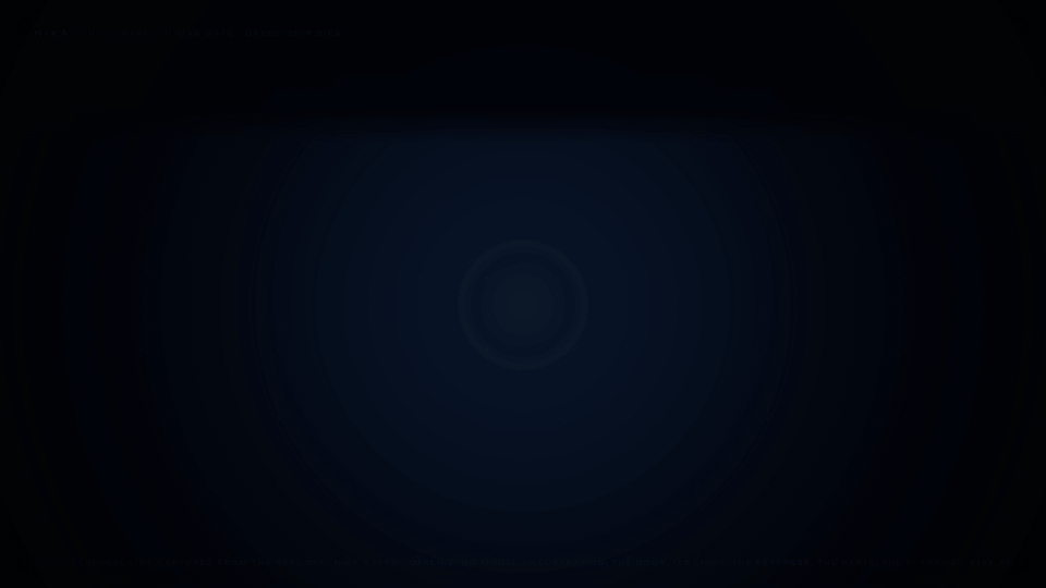 A workflow of build, a human gate drawn as a door, then ship: at a terminal Nika asks Ship this build to production? [y/N] and y opens the door; in CI the run pauses with exit 4 and prints a line that, pasted and run, reuses the build and ships