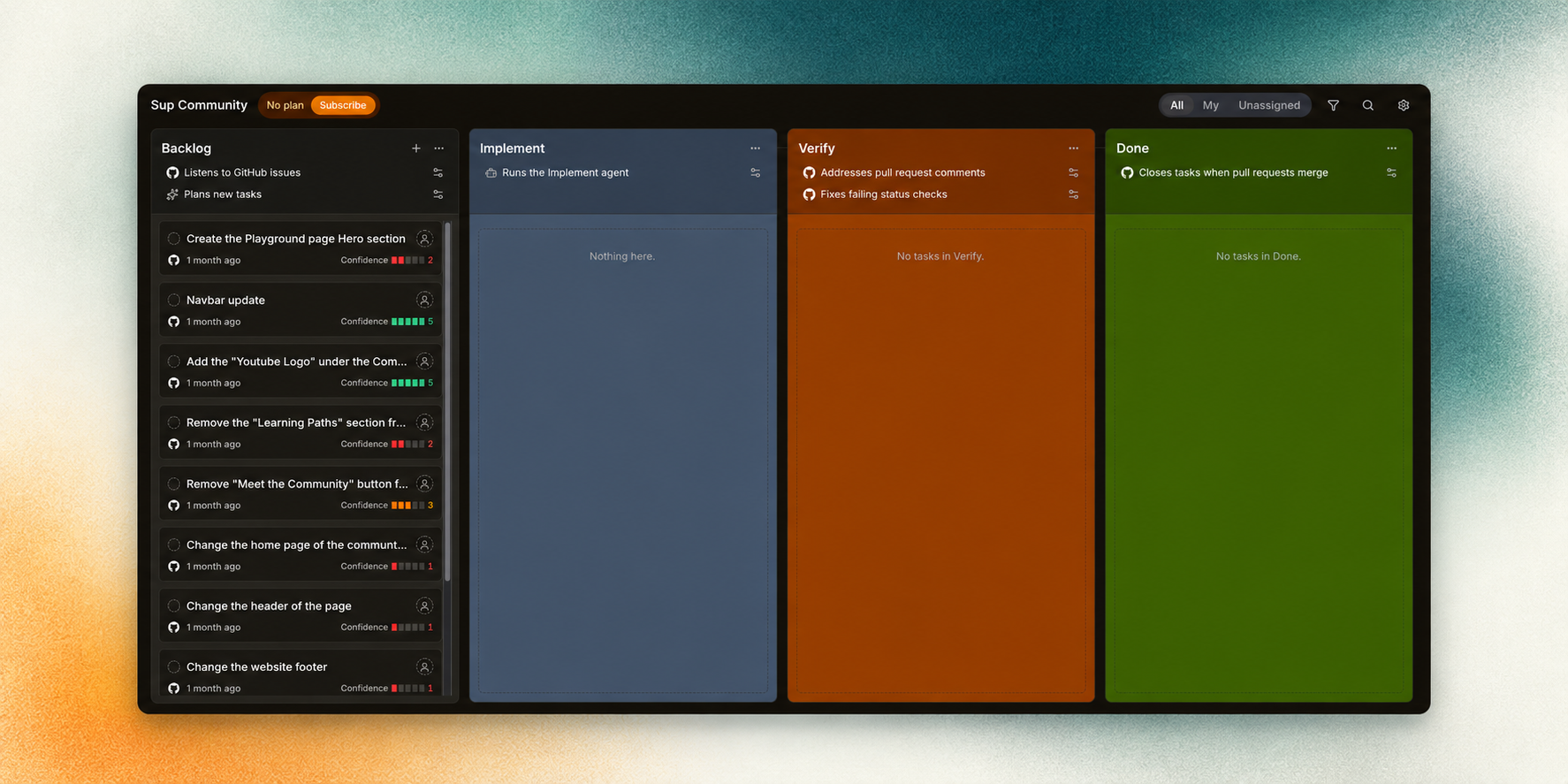 SuperPlane factory board with Backlog, Implement, Verify, and Done columns