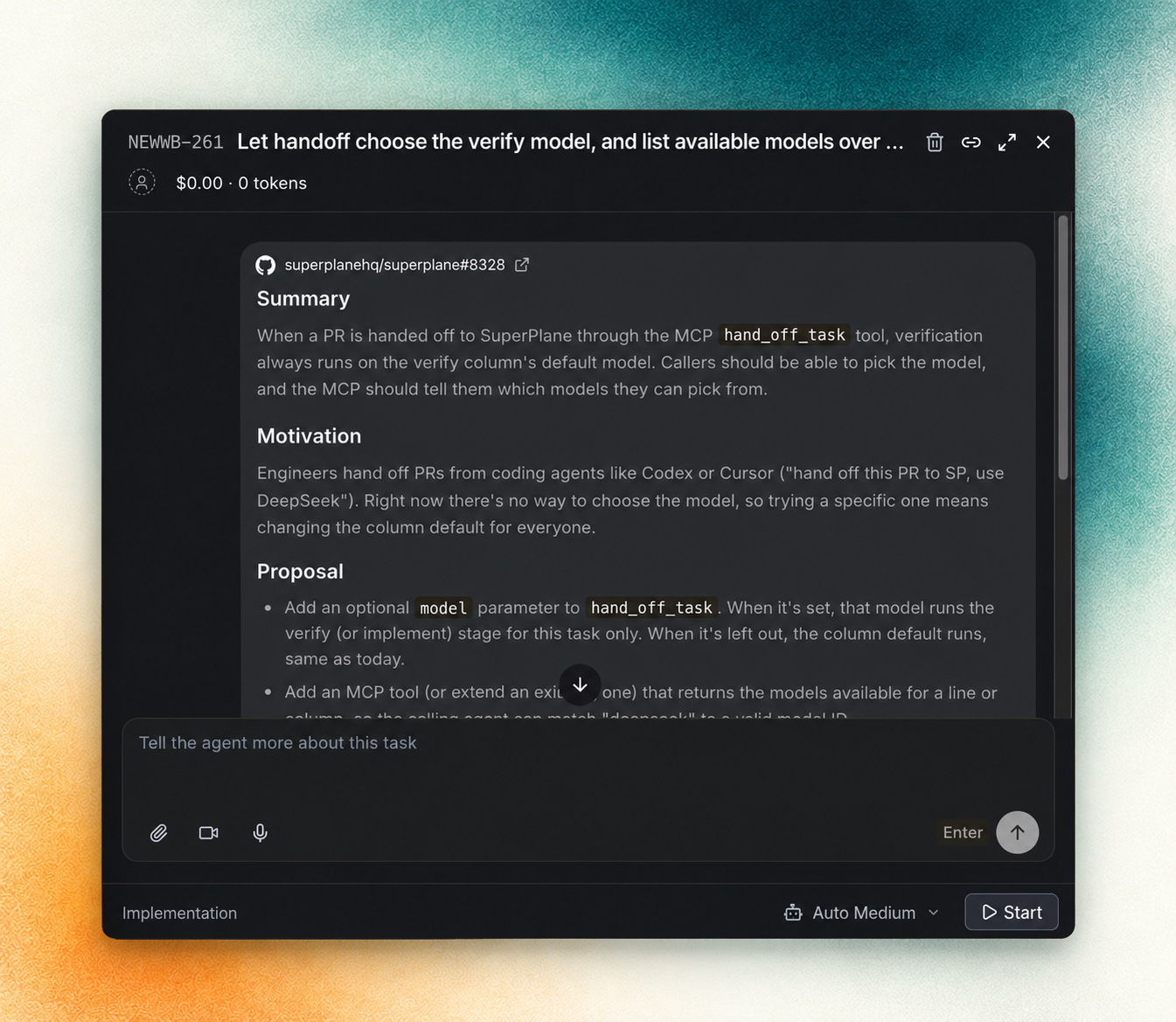 SuperPlane work order with a GitHub issue summary and agent controls