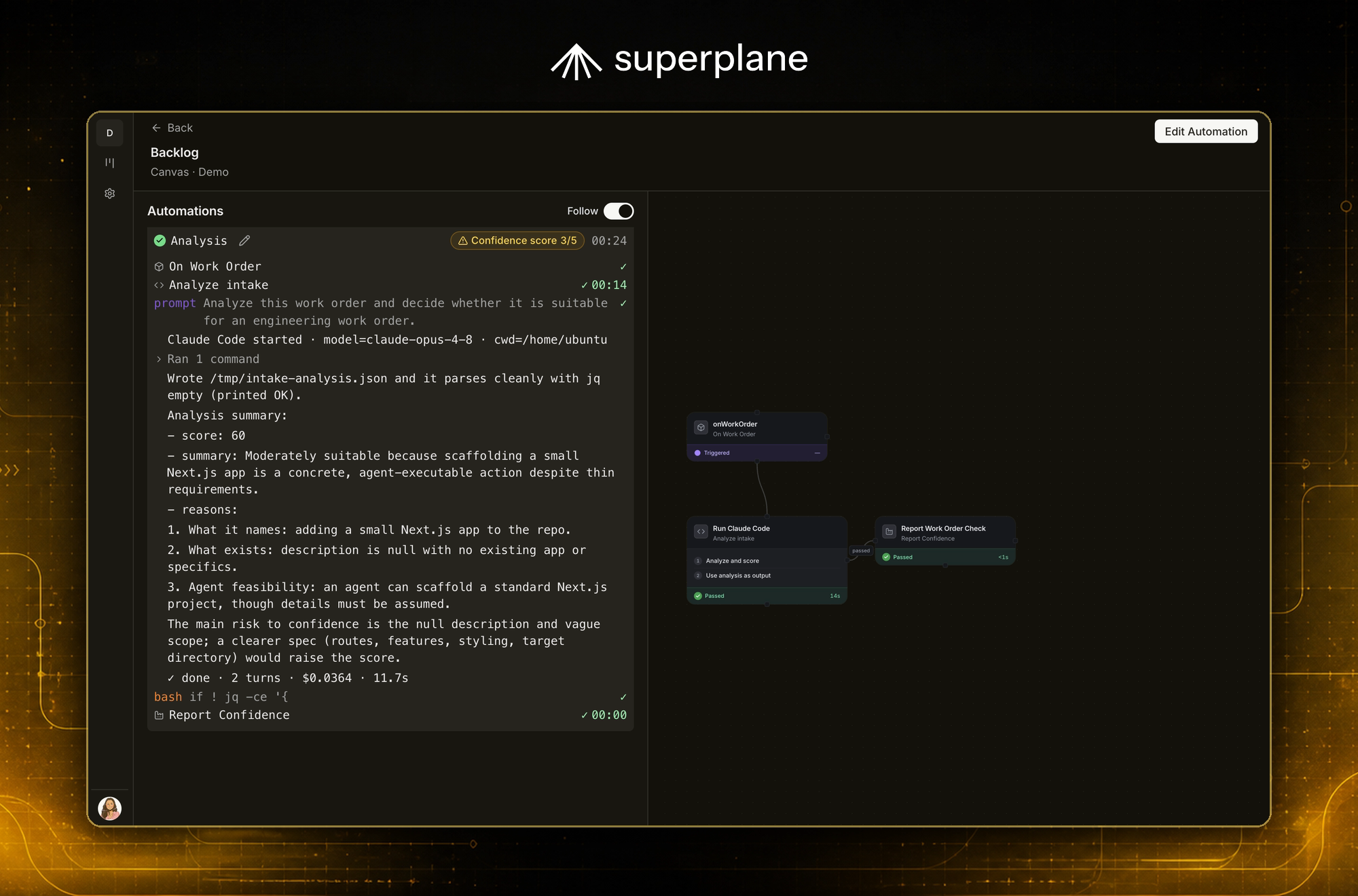 SuperPlane work order analysis running through a guarded automation line