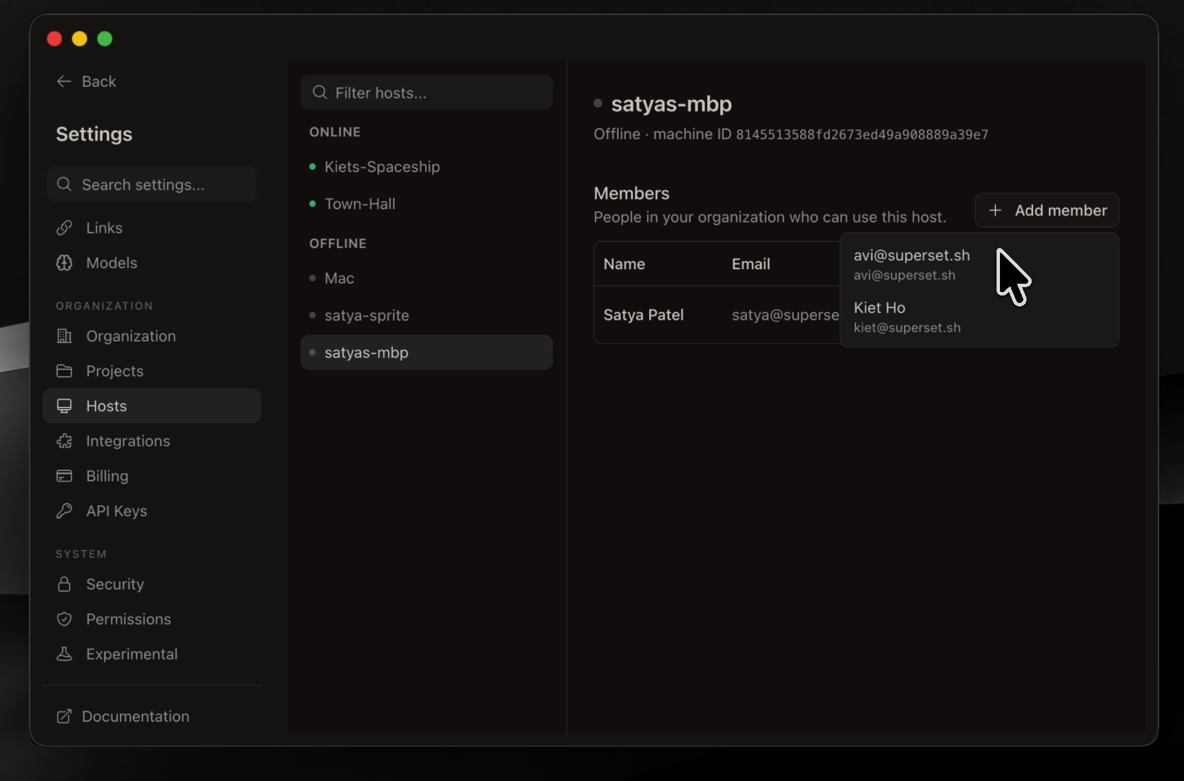Hosts and members in organization settings