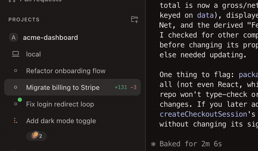 An agent finishing its task and the sidebar status flipping from working to done