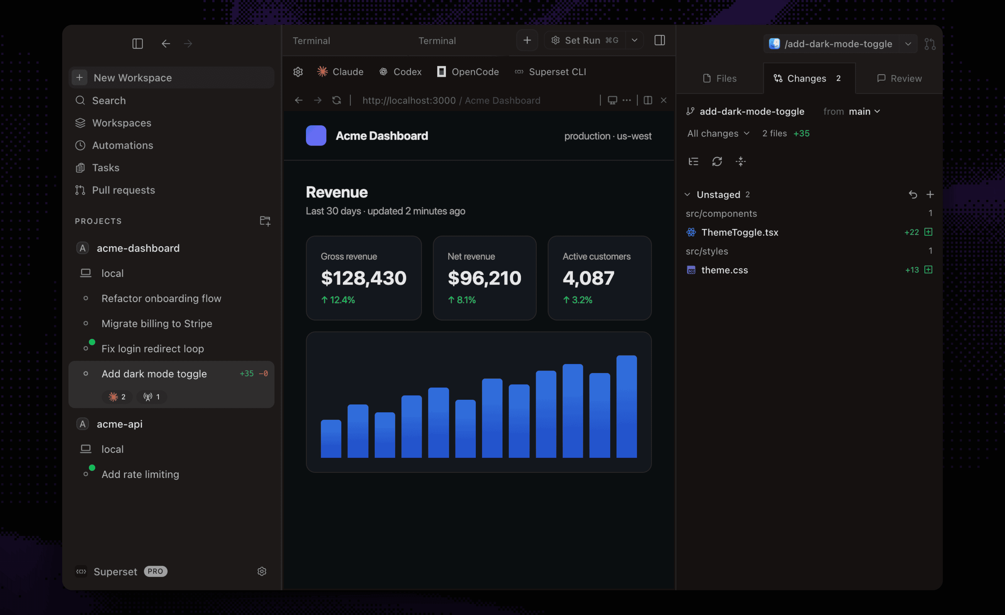 In-app browser previewing a dev server with detected ports