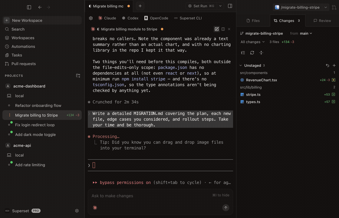 Claude streaming a billing migration while other agents run in parallel workspaces