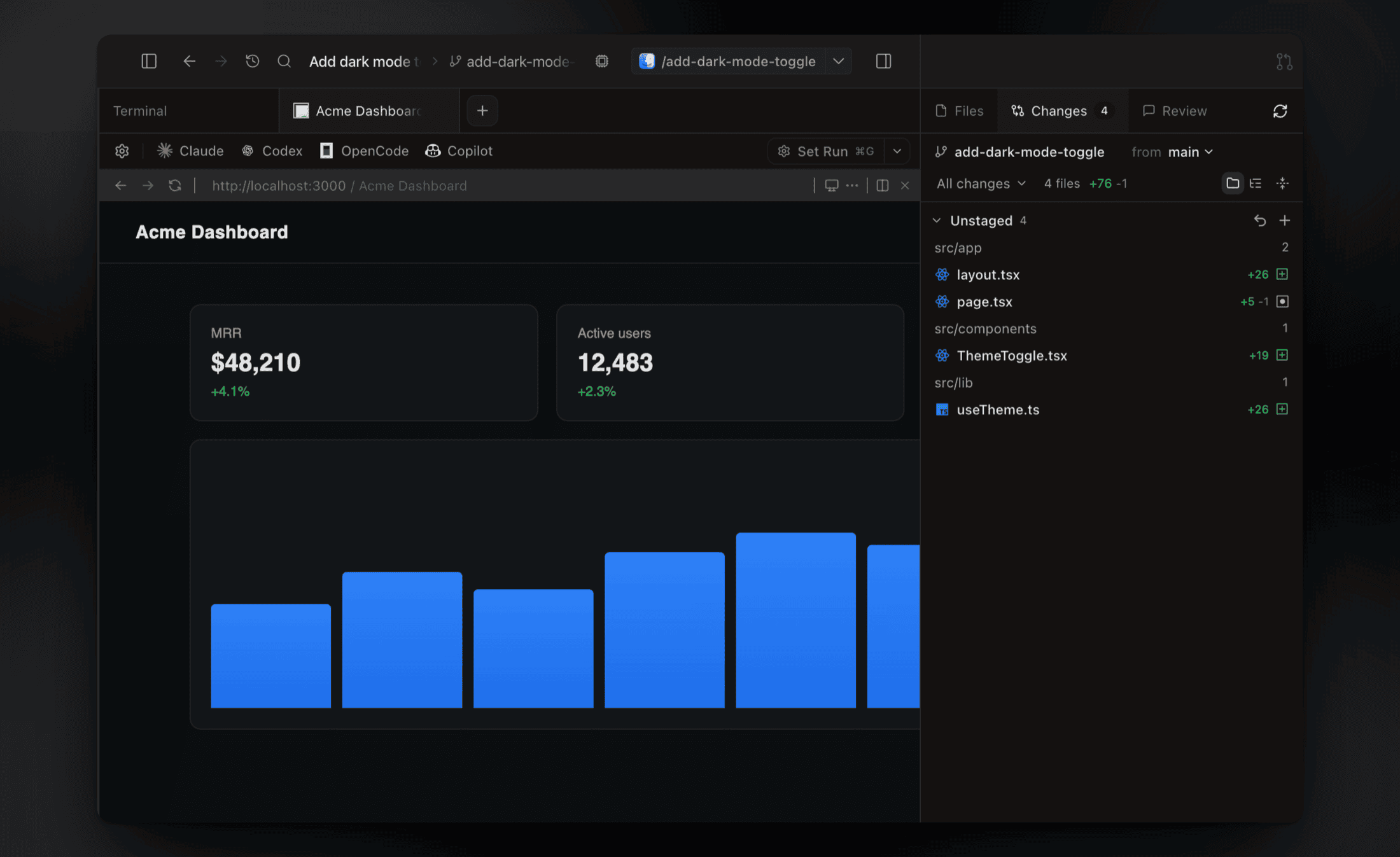 In-app browser previewing a dev server with detected ports