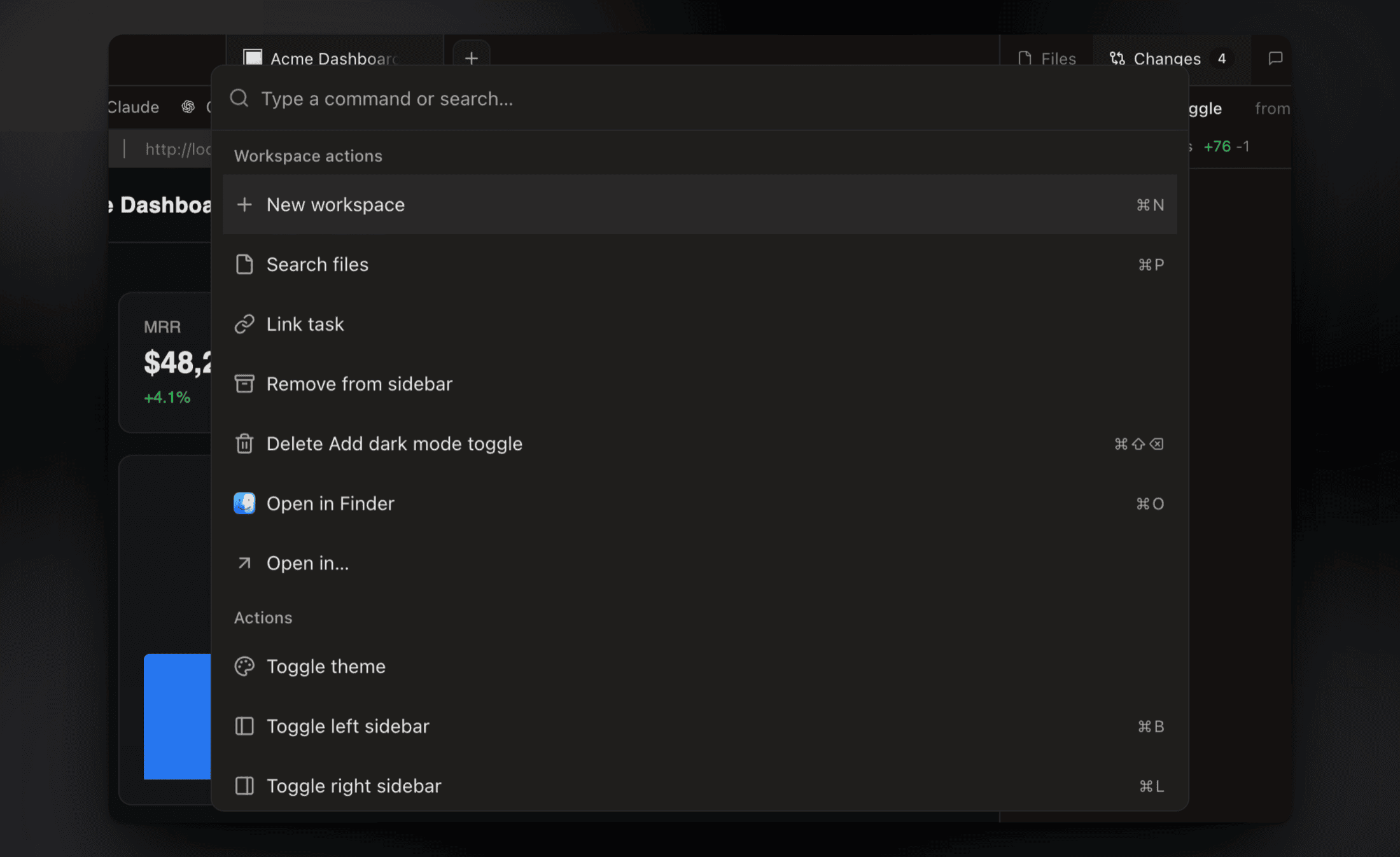 Command palette searching across workspaces and actions