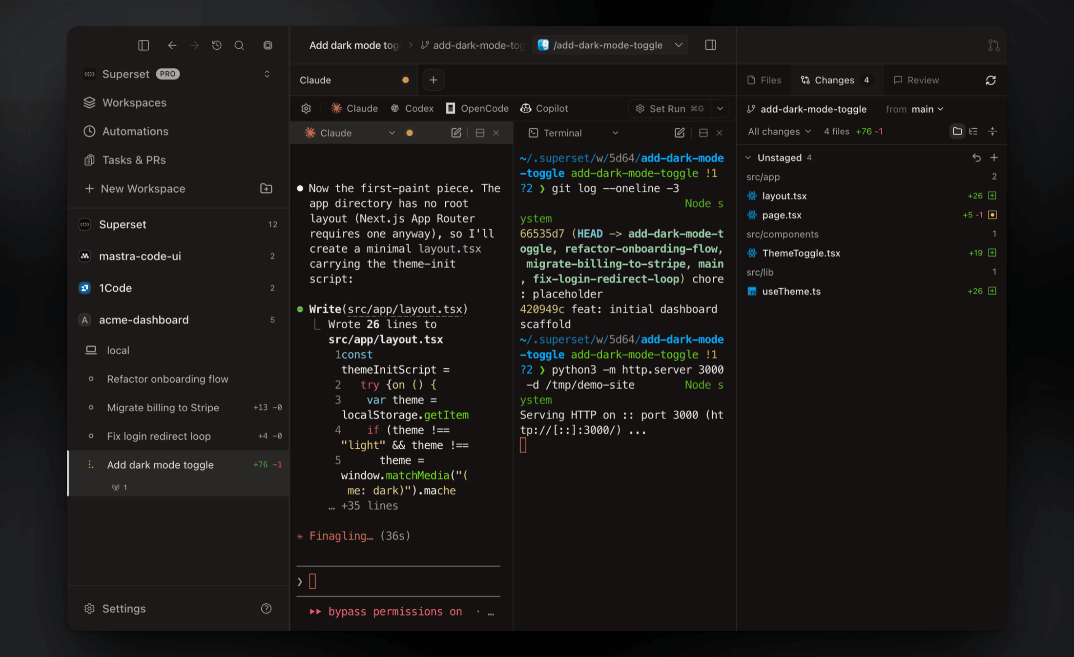 Superset sidebar with multiple workspaces running agents in parallel