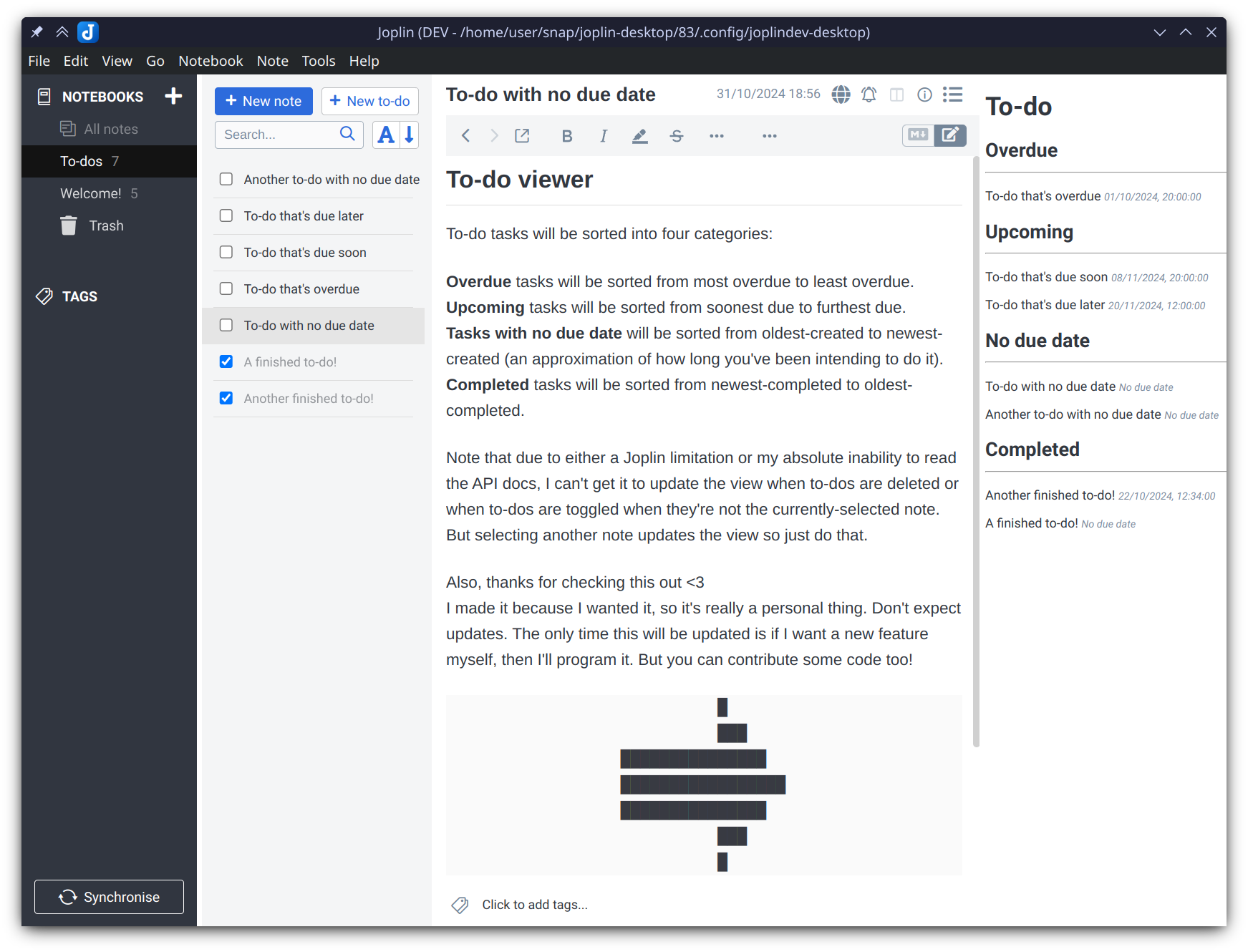 To-do viewer open on the right-hand side of the editor, displaying several to-dos.