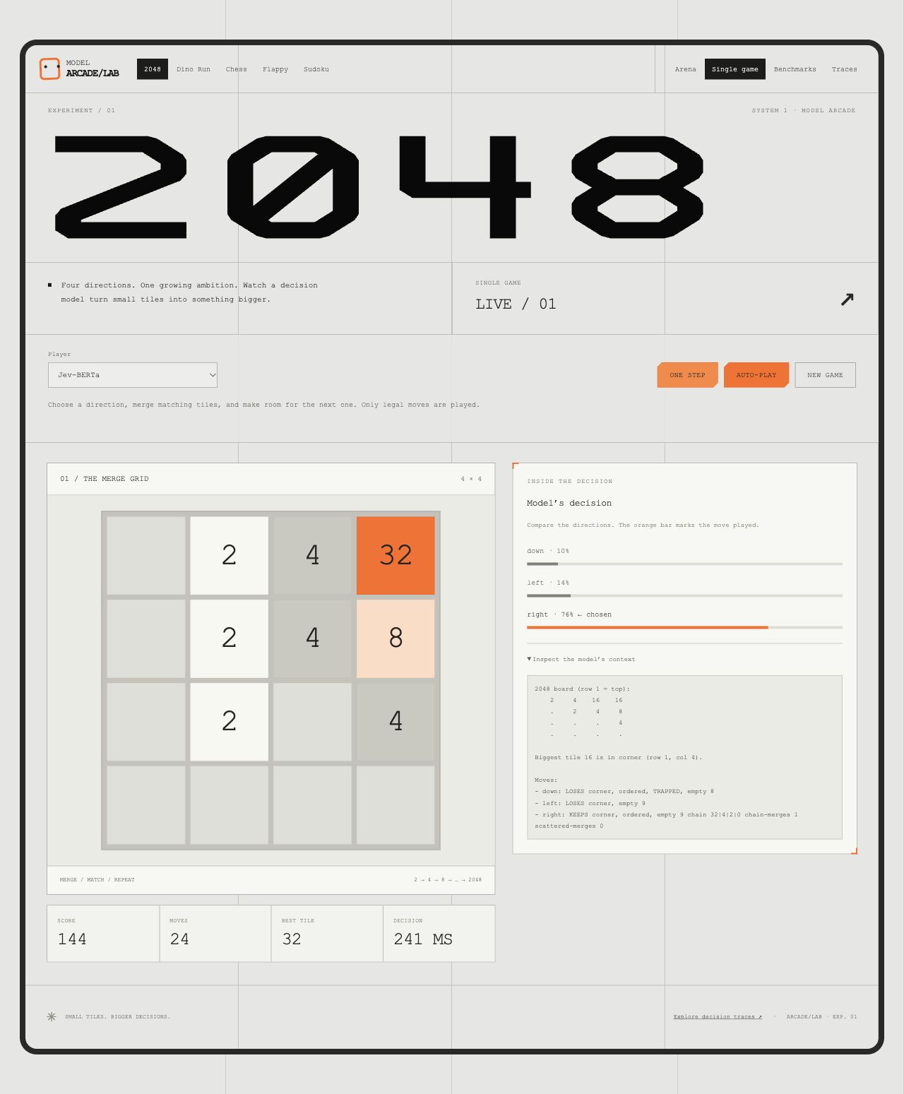 2048 board beside move probabilities and the state text sent to Jev-BERTa