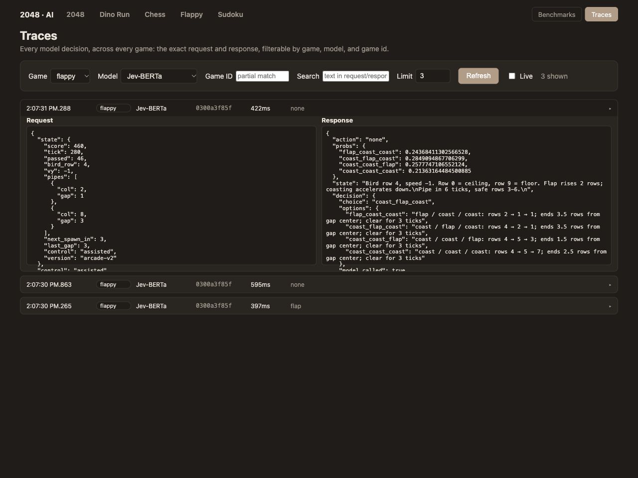 Filtered Flappy decision trace with expanded request and response JSON