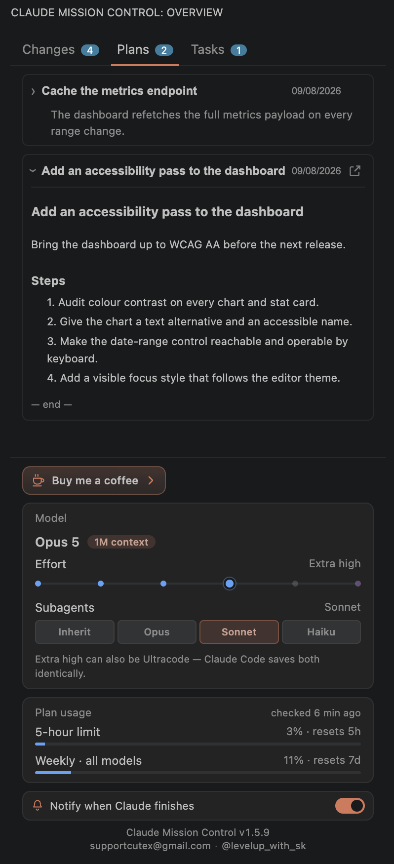 The Plans tab: plans Claude wrote in plan mode, one expanded inline as rendered markdown.