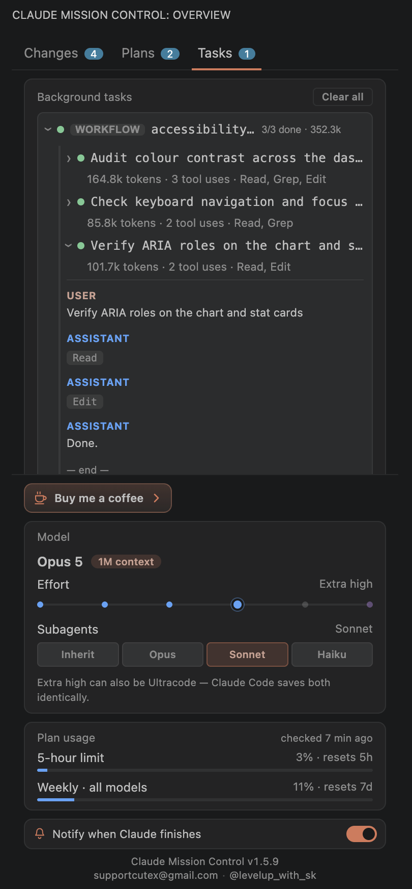 The Tasks tab: a workflow run expanded to show its three agents with status dots, token counts and the tools each one used.