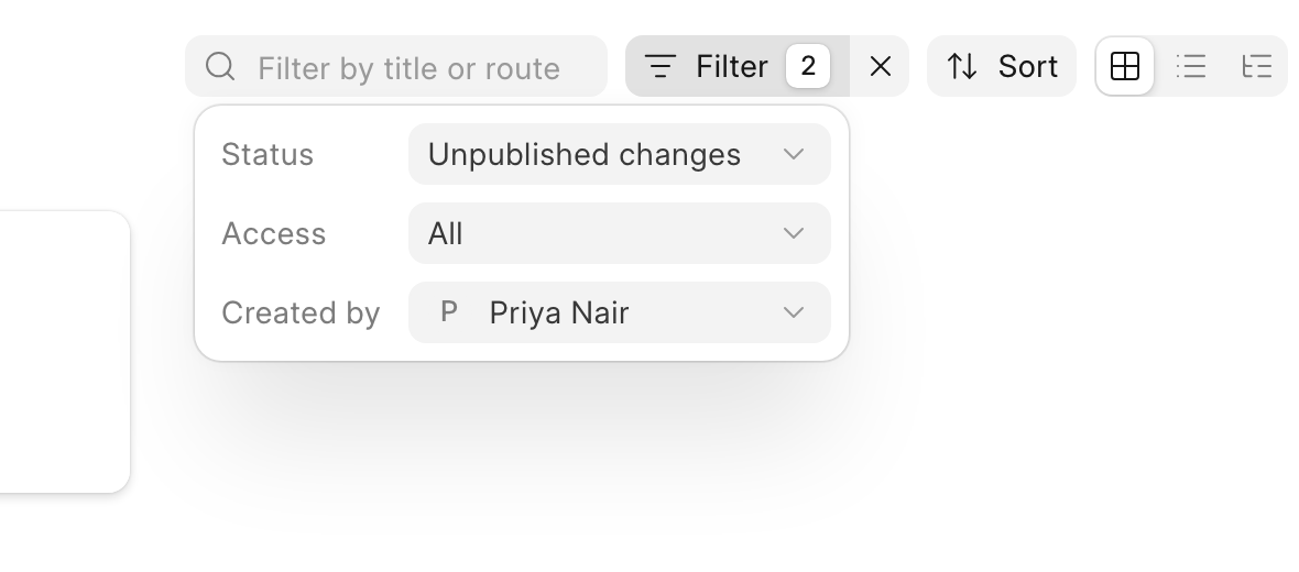 Filter popover with Created by, Access and Status
