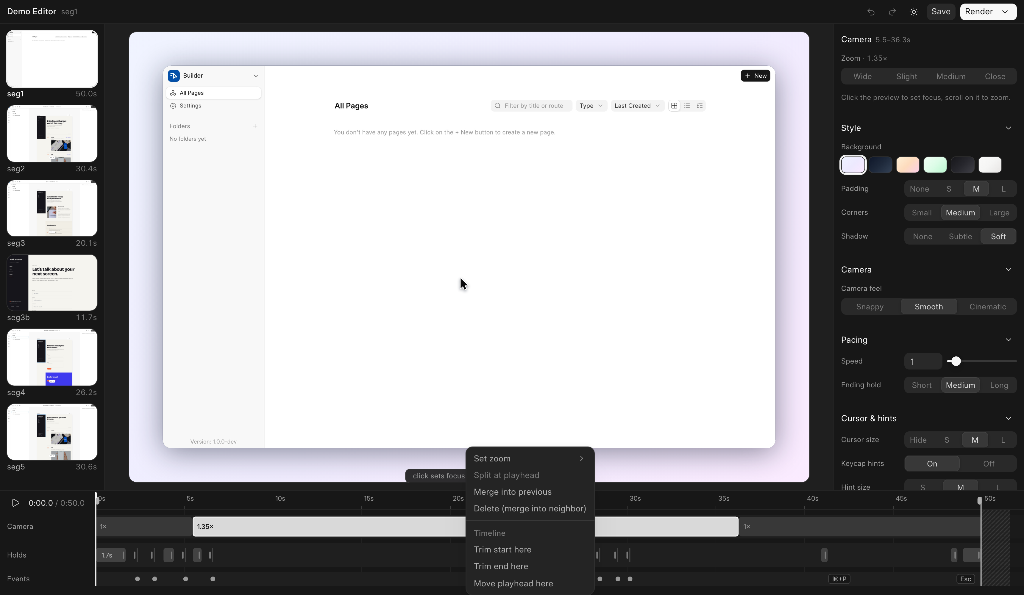 Context menu on a camera block, with the camera zoom panel open