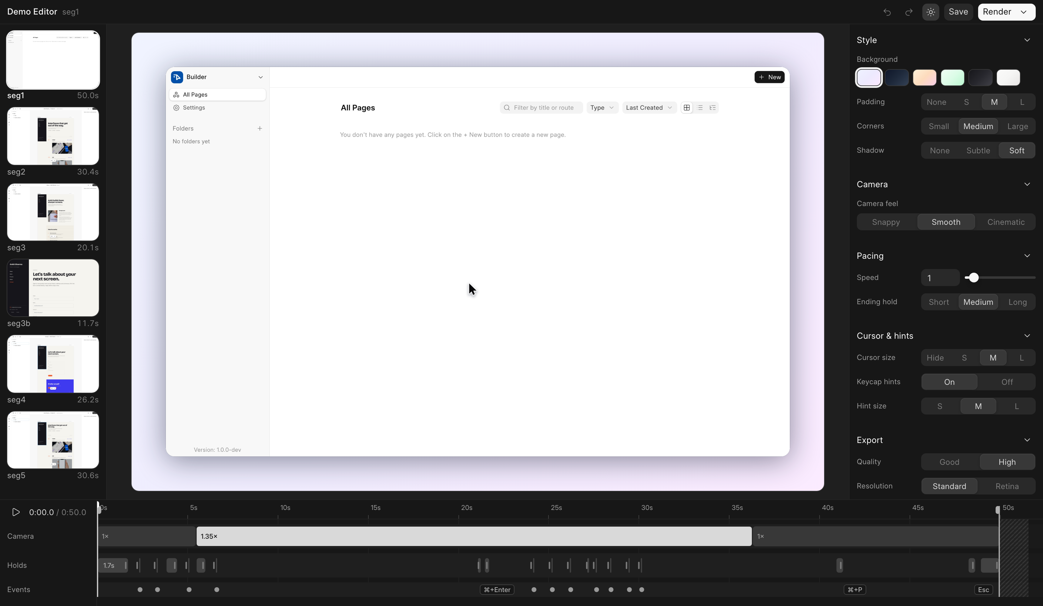 The editor: segment rail, live composited preview, camera/holds/events timeline, preset inspector