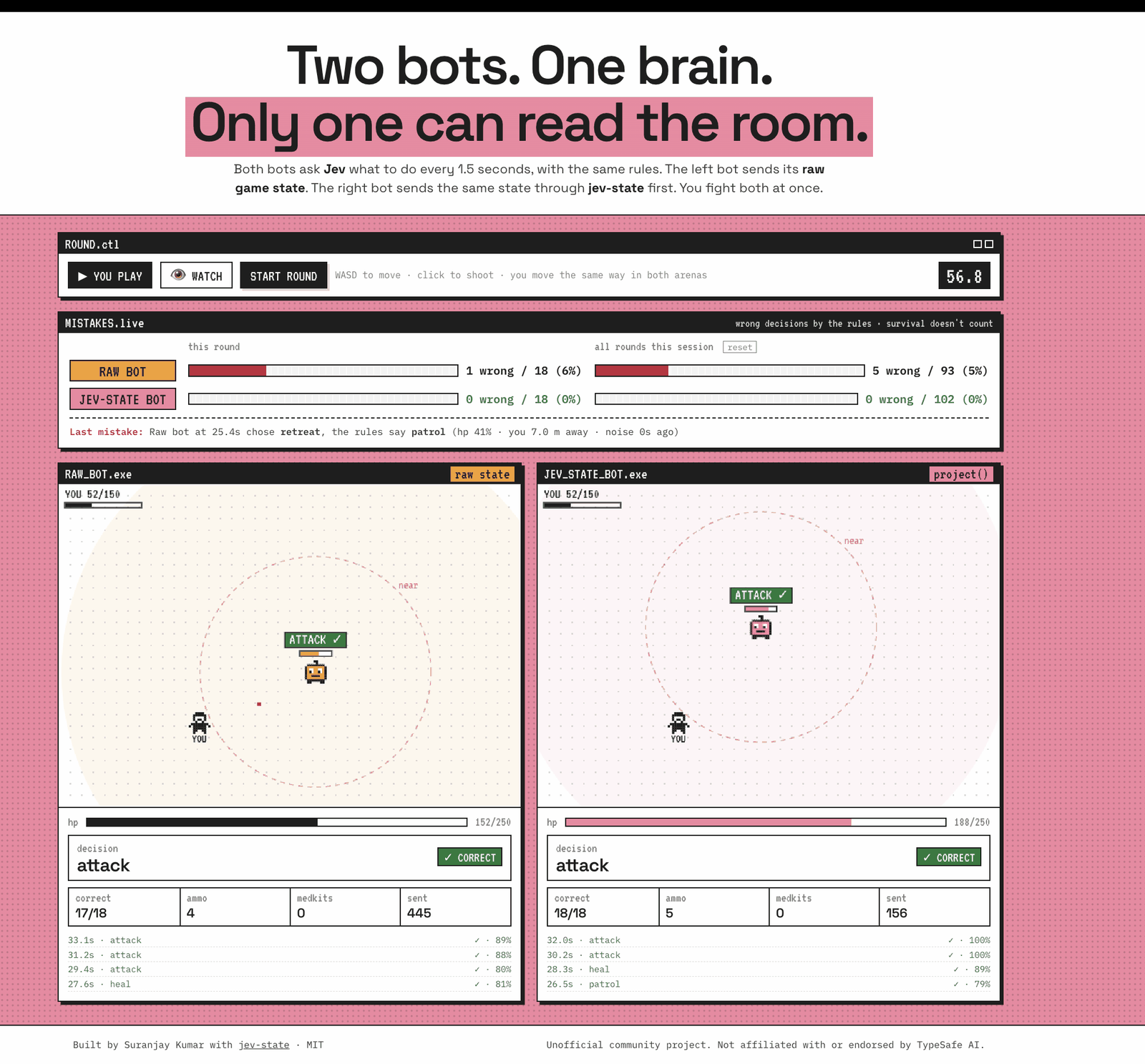 Two Bots, One Brain: raw bot vs jev-state bot, with a live mistakes meter