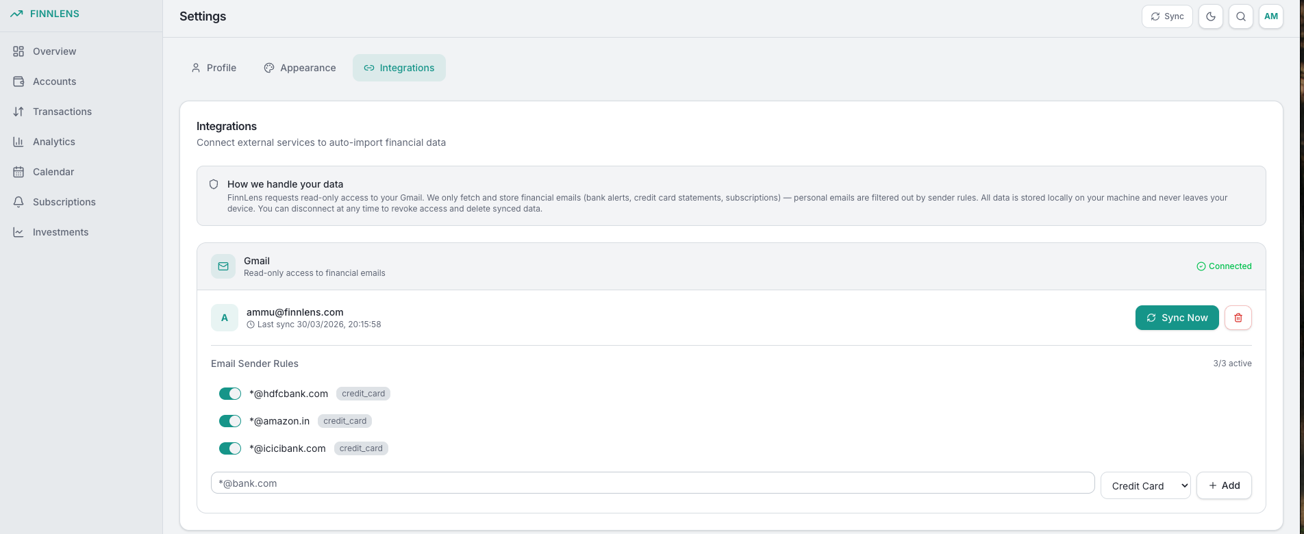 FinnLens Gmail Sync