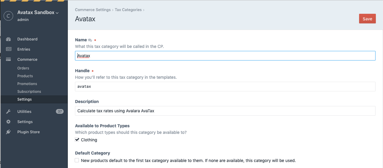 Avatax Tax Category Settings