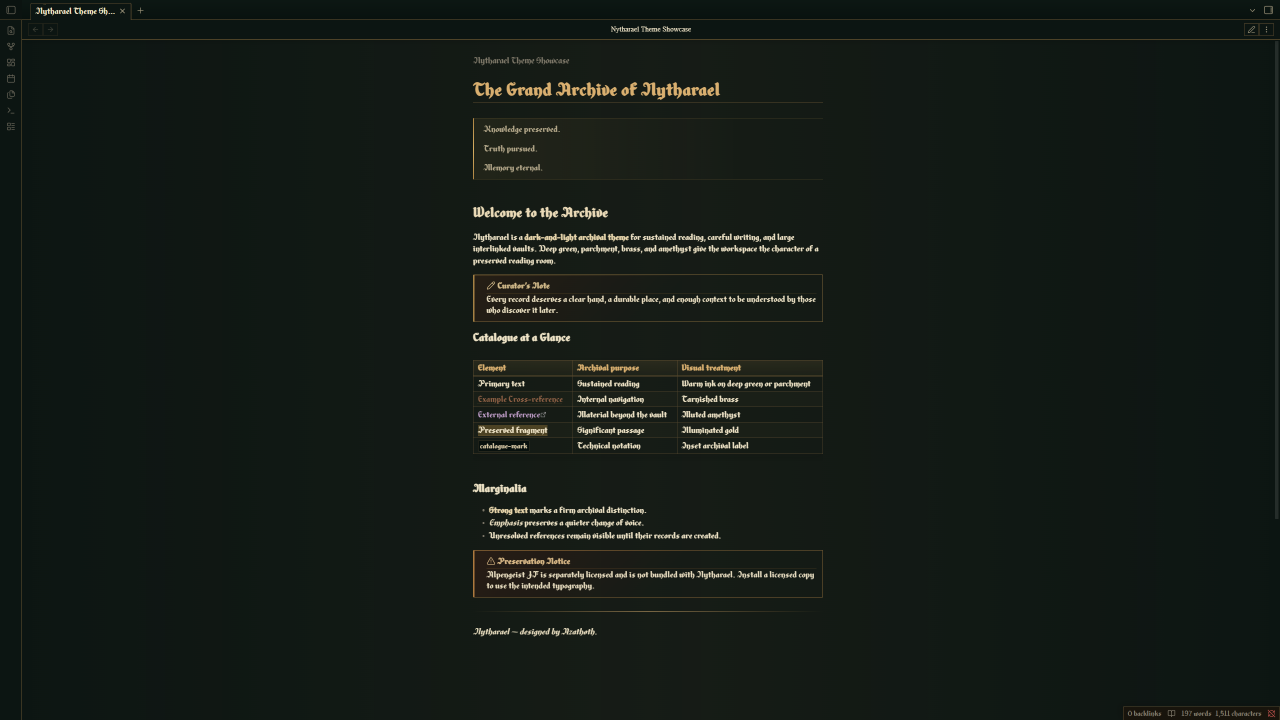 Nytharael dark-mode showcase