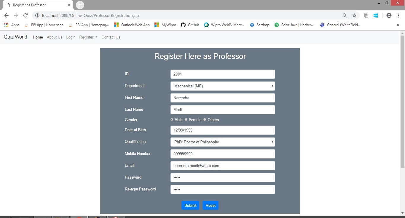 Professor Registration Page