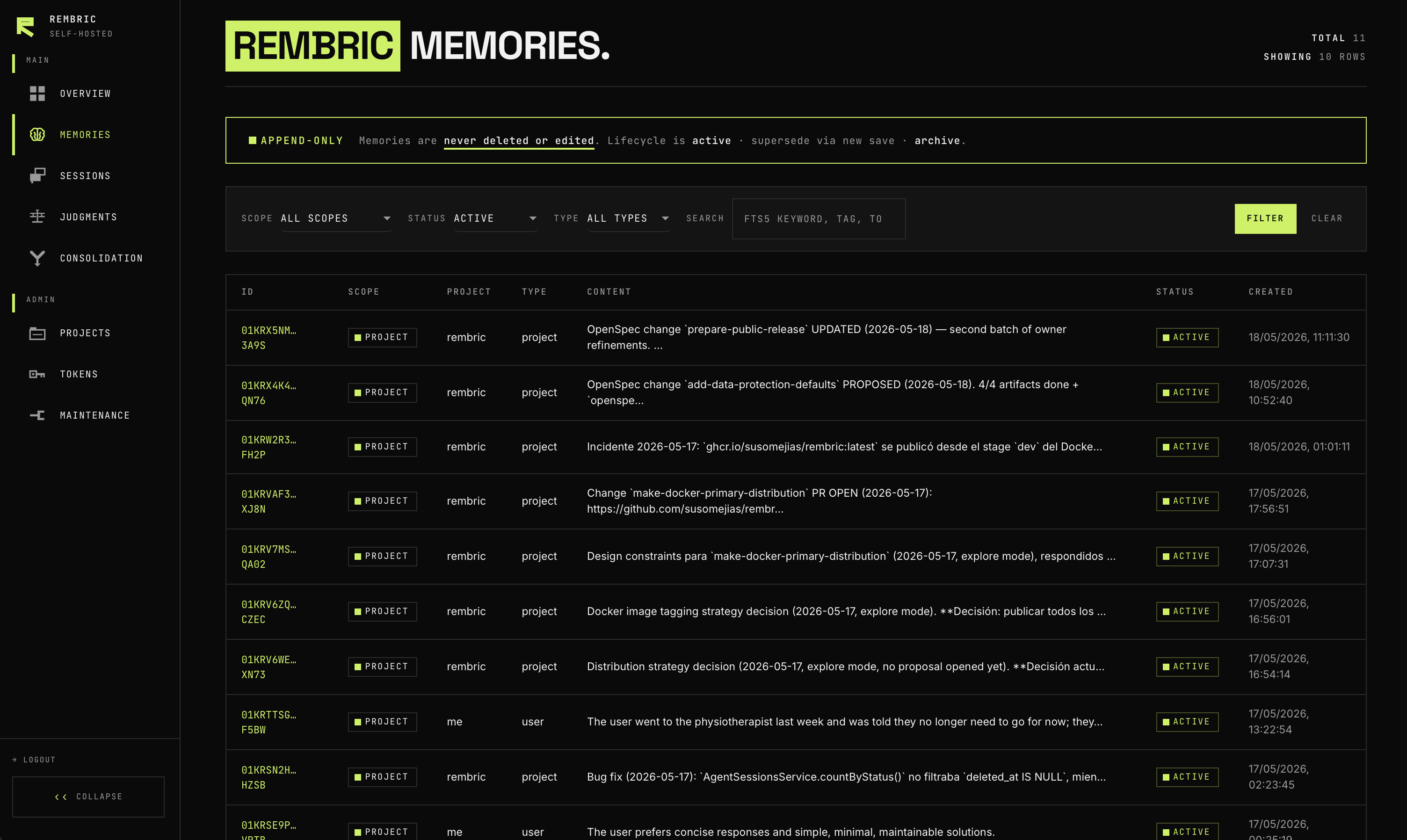 Memories list