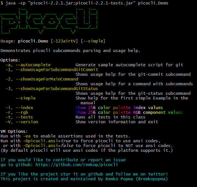 Picocli Demo help message with ANSI colors