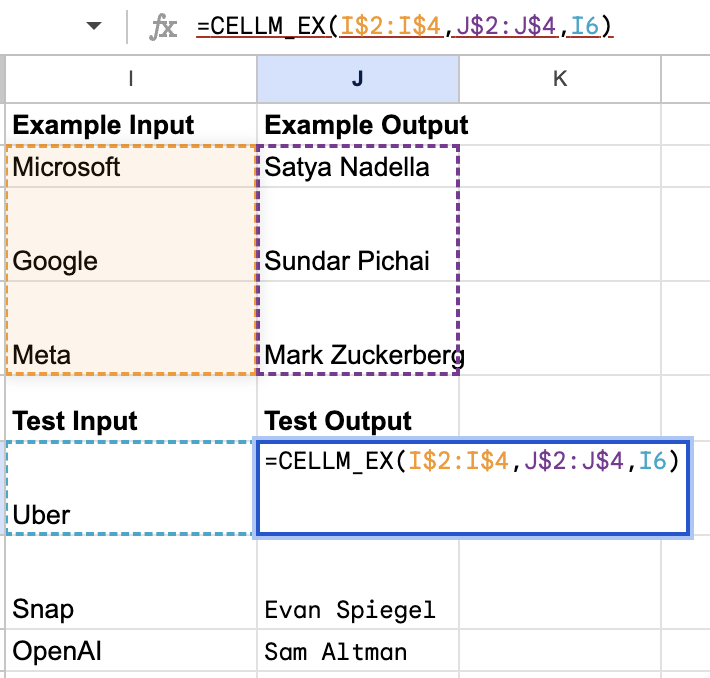 An example of the CELLM_EX function to infer the task of generating company CEO names from examples.