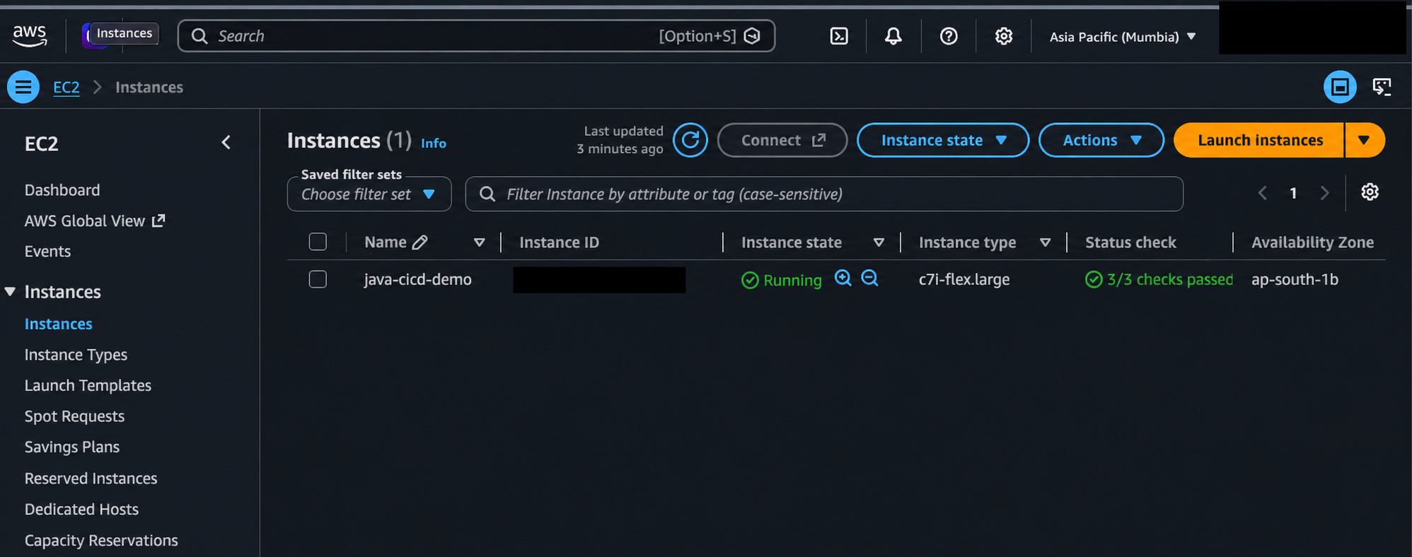 AWS EC2 instance with account details and instance ID redacted