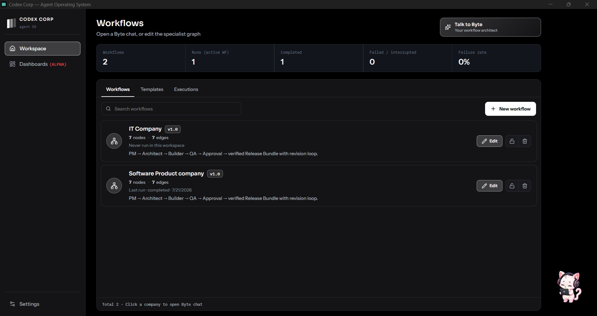 Codex Corp visual workflows for specialist coding agents app preview