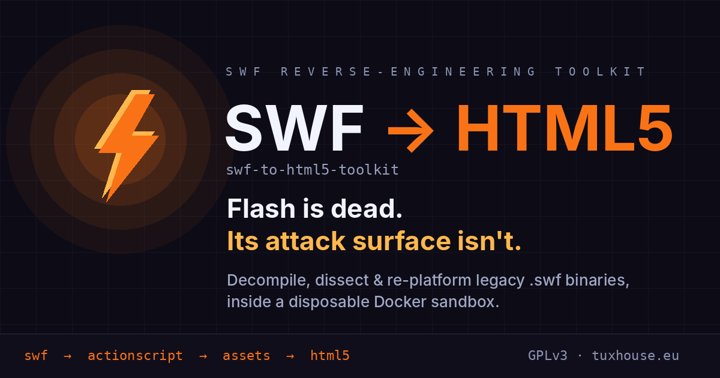 SWF → HTML5 Toolkit. Flash is dead. Its attack surface isn't. Decompile, dissect and re-platform legacy .swf binaries inside a disposable Docker sandbox.