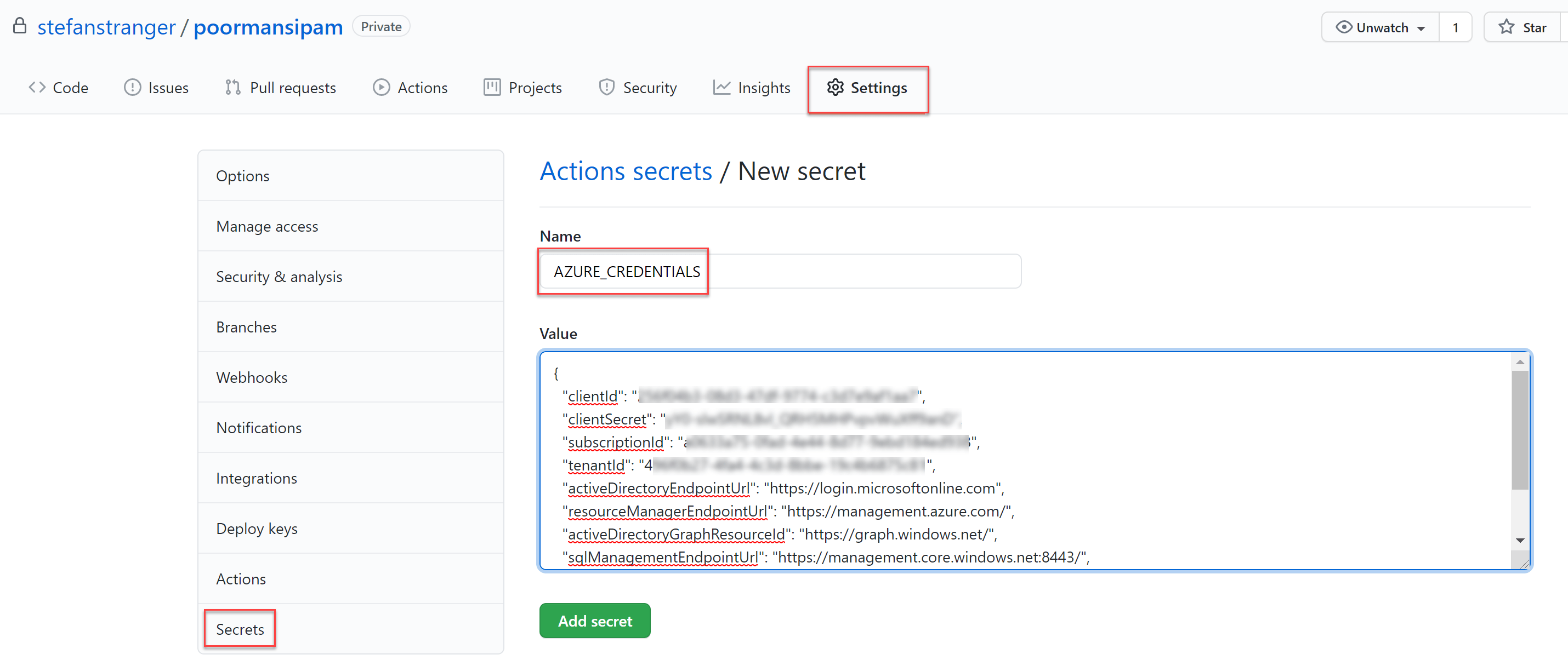 Github Azure Credentials Secret screenshot