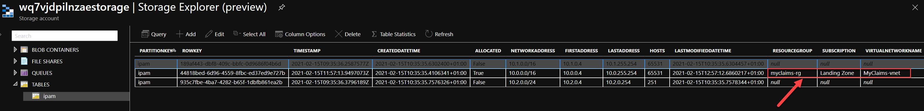 Storege Table result