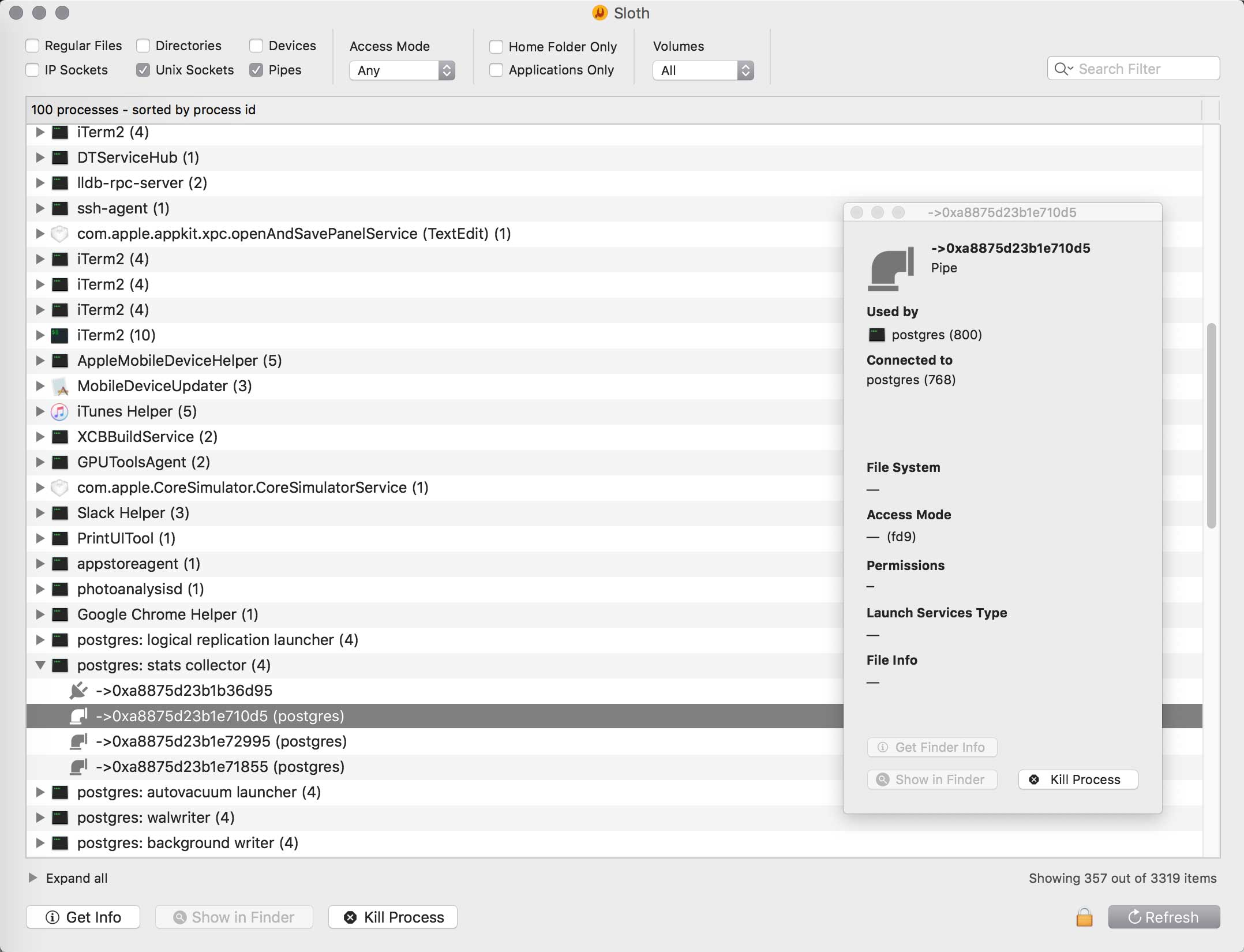 Sloth Screenshot - Pipes and Unix Sockets