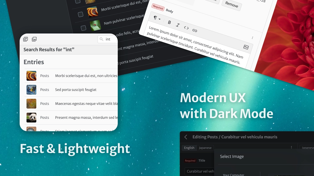 Screenshot: Fast and Lightweight; Modern UX with Dark Mode