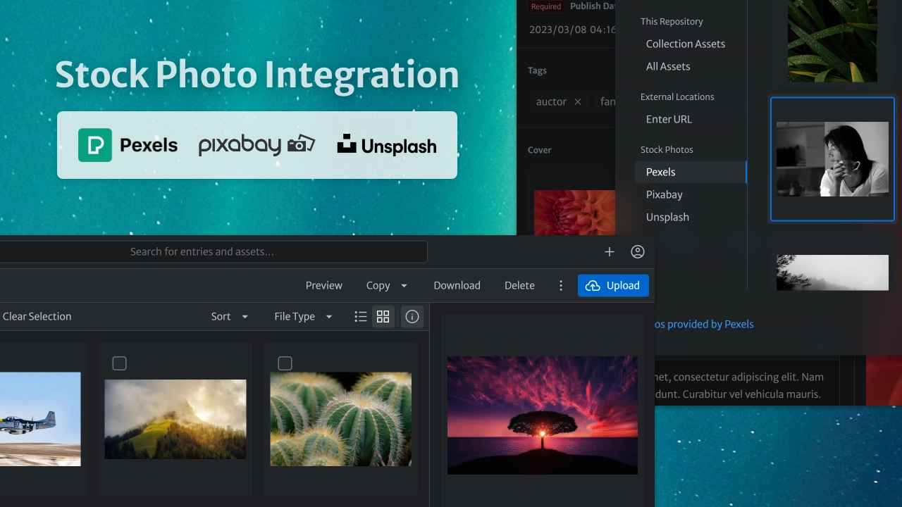 Screenshot: Stock Photo Integration with Pexels, Pixabay and Unsplash