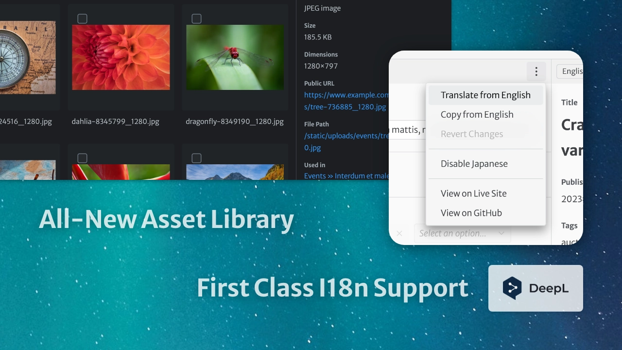 Screenshot: All-New Asset Library; First Class I18n Support with DeepL