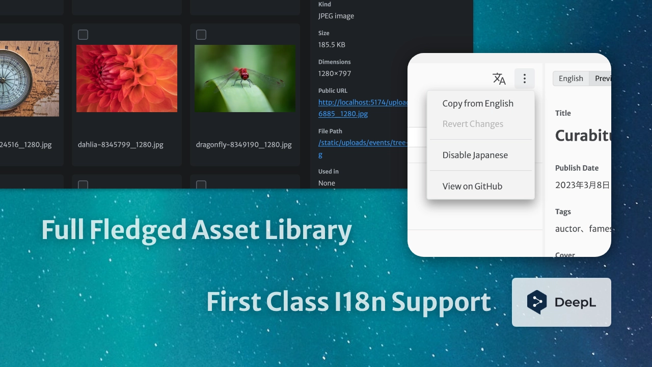 Screenshot: Full Fledged Asset Library; First Class I18n Support with DeepL