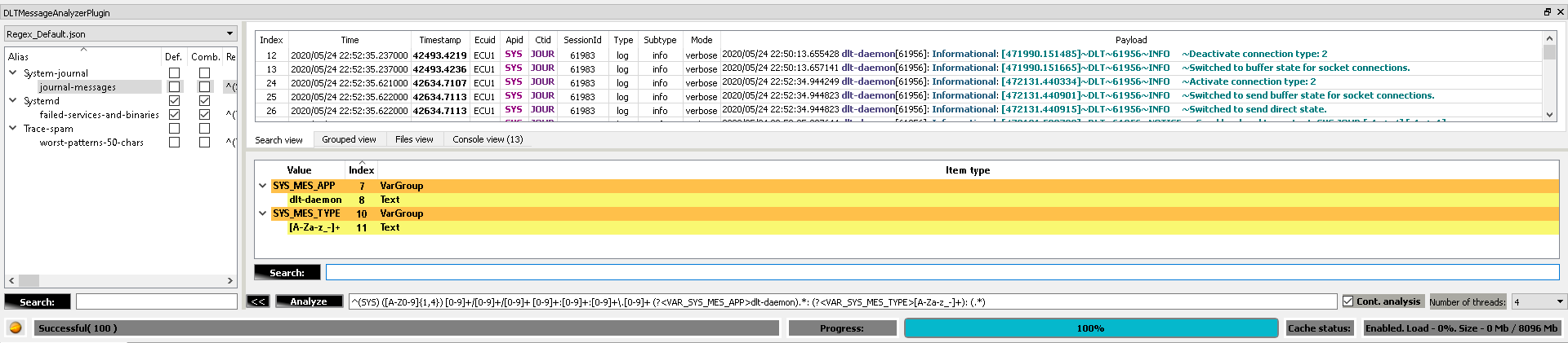 Screenshot of DLT Message Analyzer plugin - Filters view
