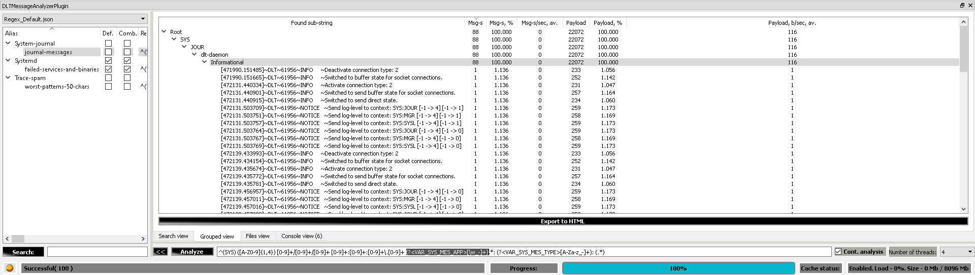 Screenshot of DLT Message Analyzer plugin - Grouped view