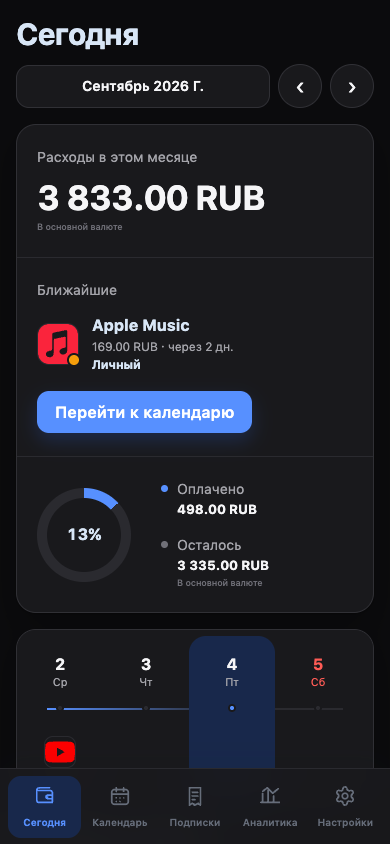 SubsTrack для Android — тёмный главный экран