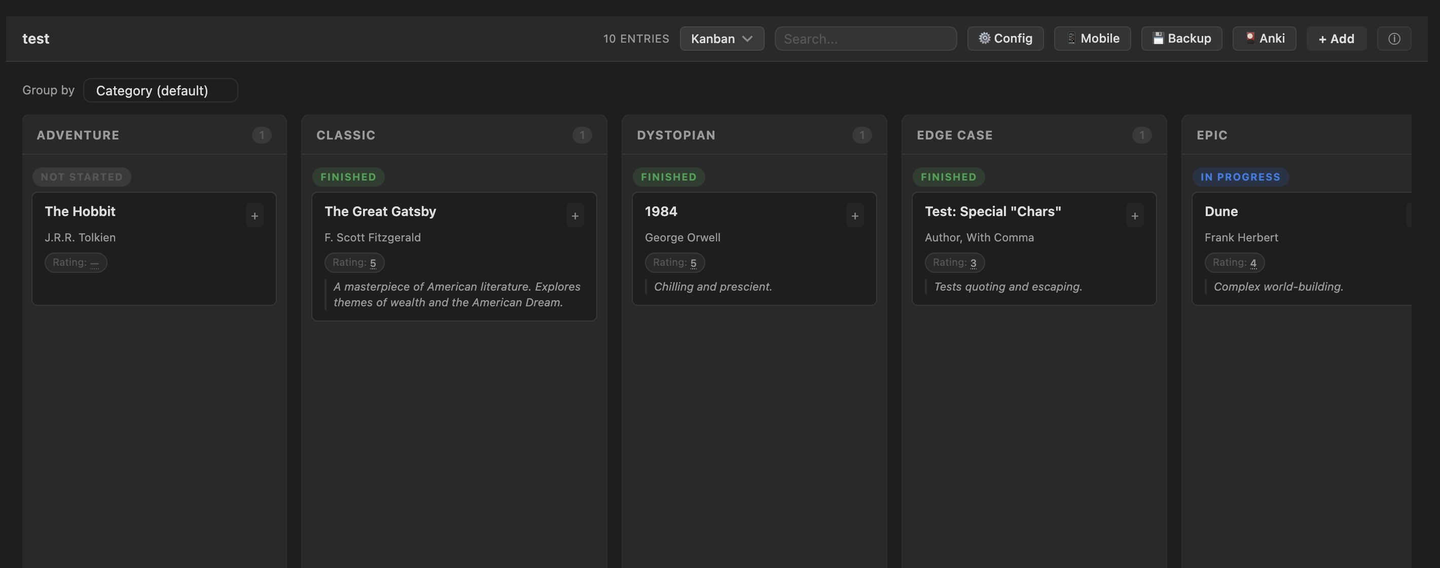 Kanban view grouped by category with status subgroups