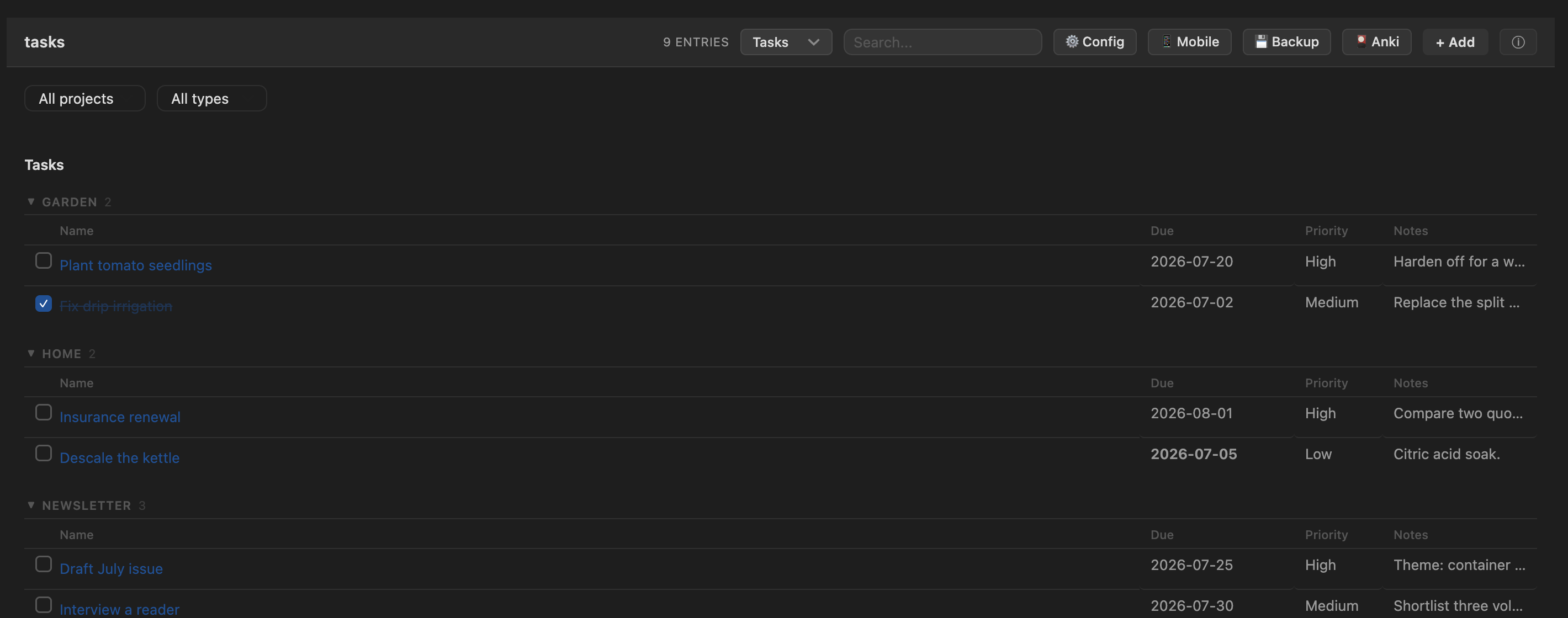 Tasks board — sections per type, grouped by project, overdue flags