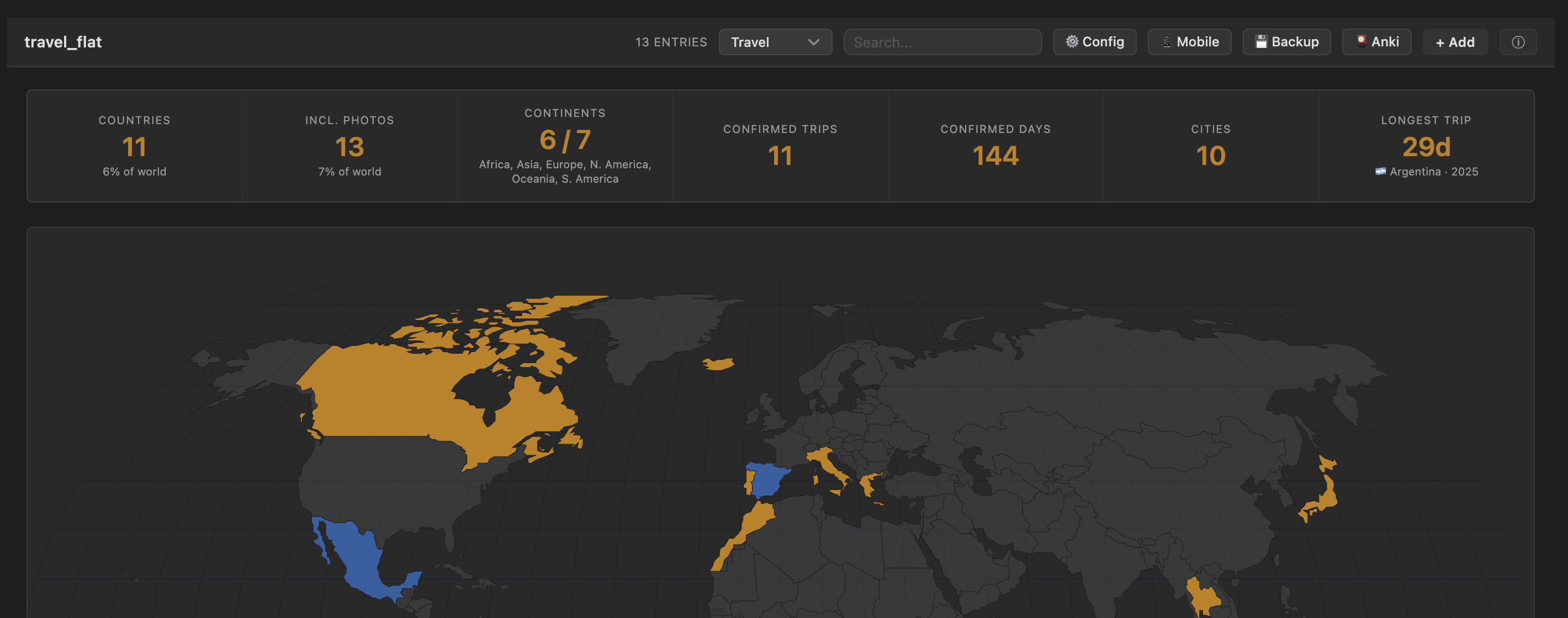 Travel view — world choropleth with confirmed and photo-only countries