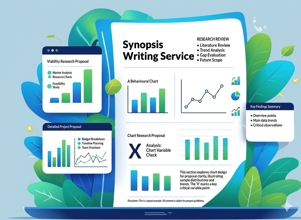 Vector illustration of a Research Synopsis document with charts and green leaves