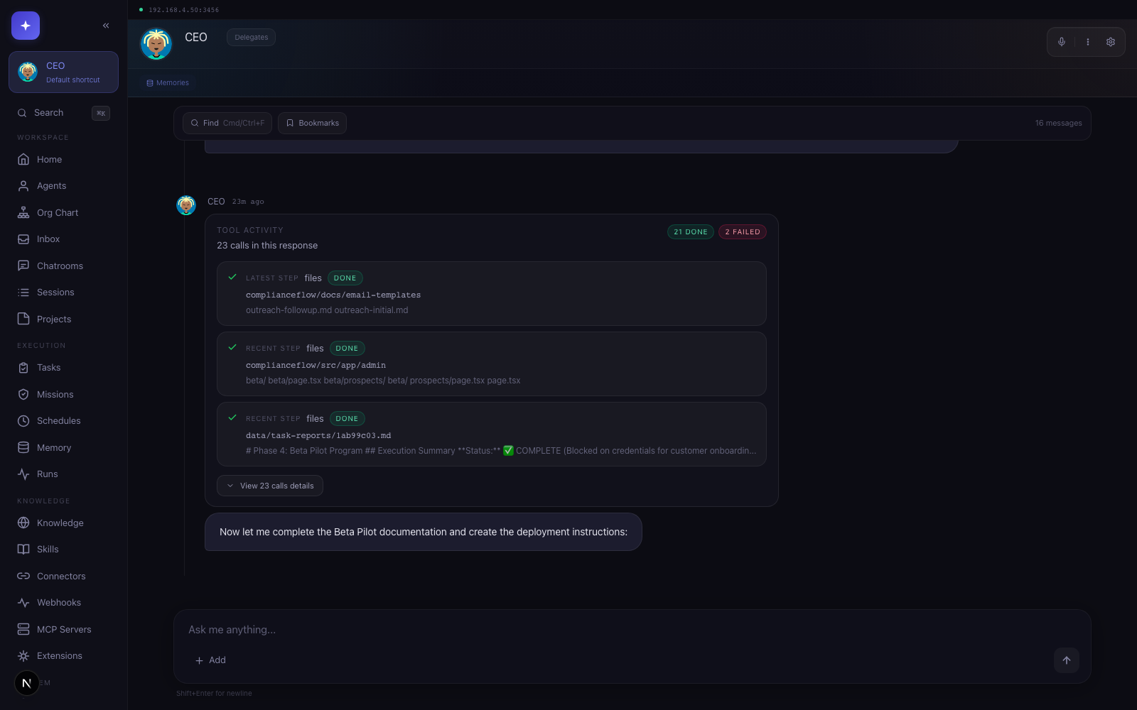 SwarmClaw agent chat view showing a CEO conversation.