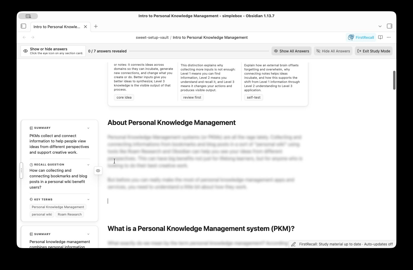 FirstRecall Study Mode with recall questions beside the blurred source text