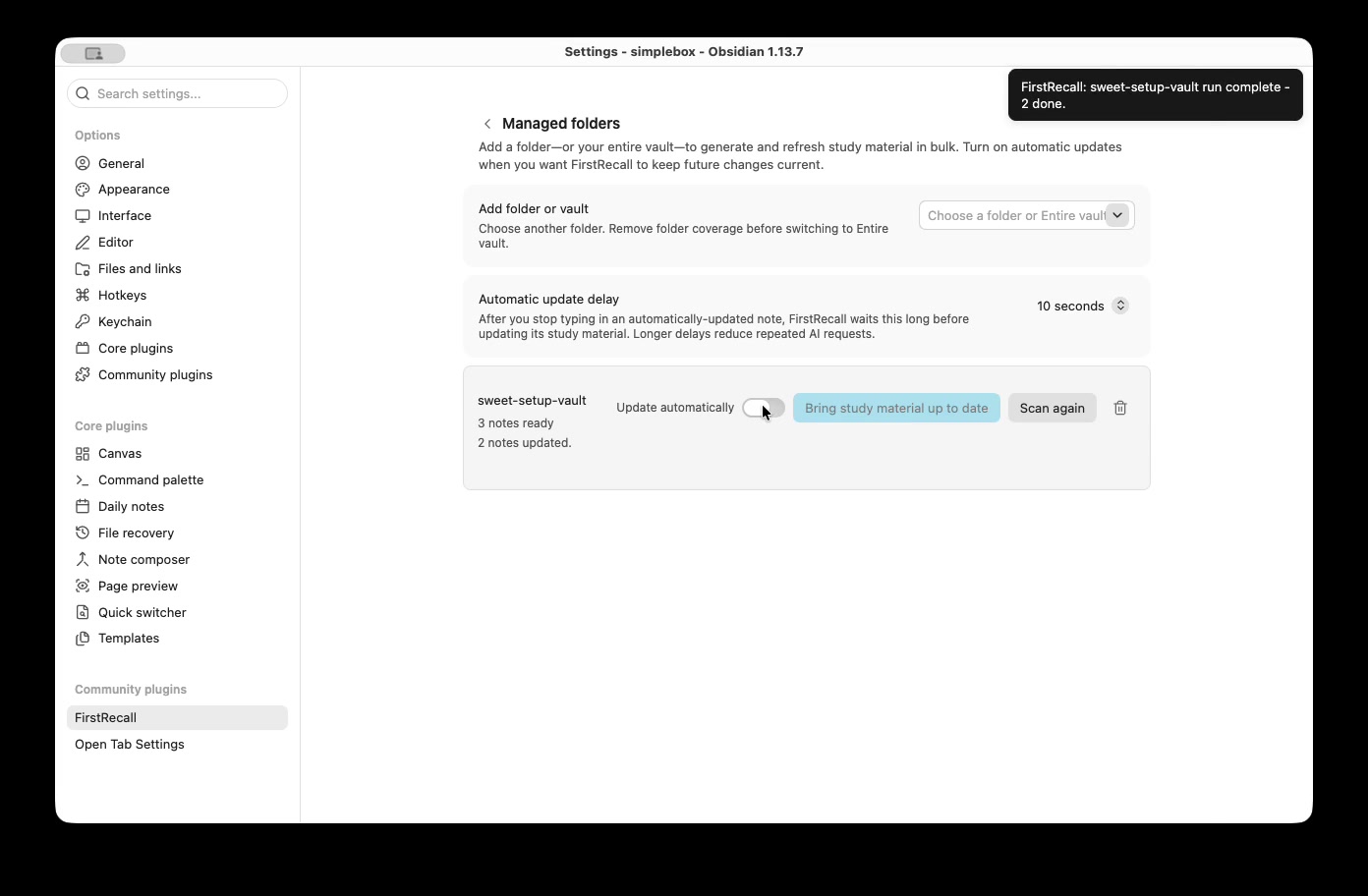 Managed folders settings showing a folder with its study material up to date and automatic updates off