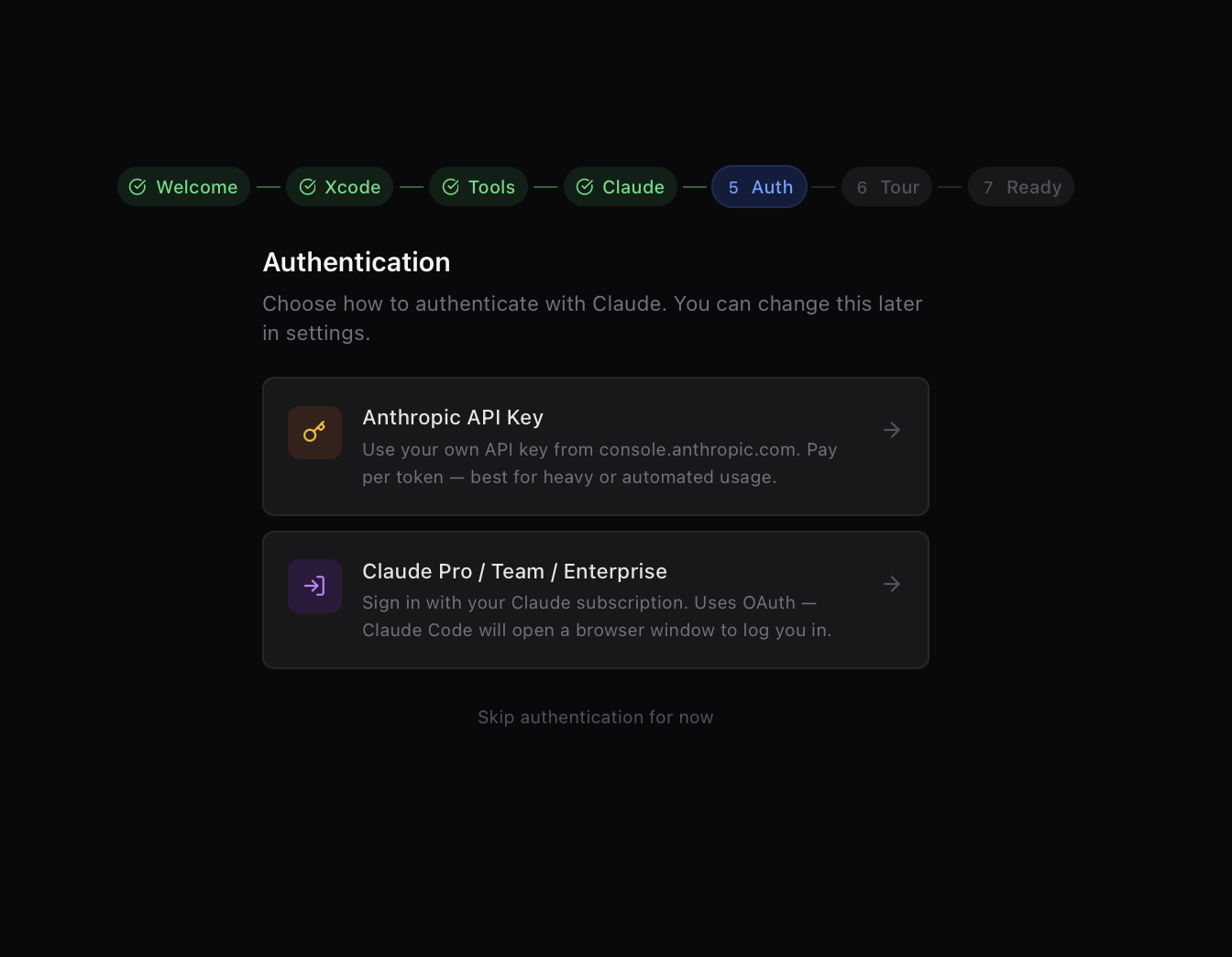 Provider selection in Settings → Auth