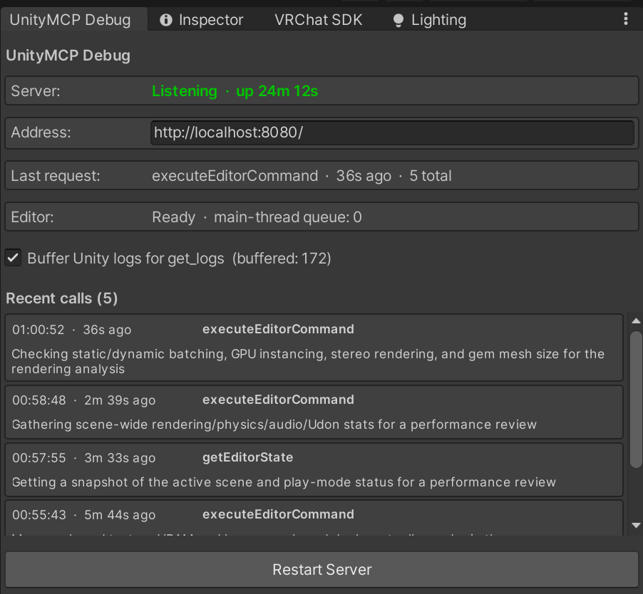 The UnityMCP Debug Window showing the in-Editor server listening