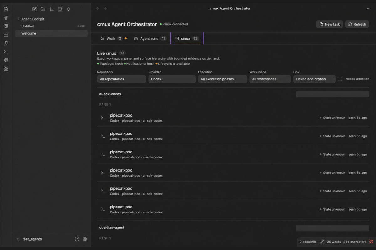Live cmux workspace, pane, and terminal-surface hierarchy